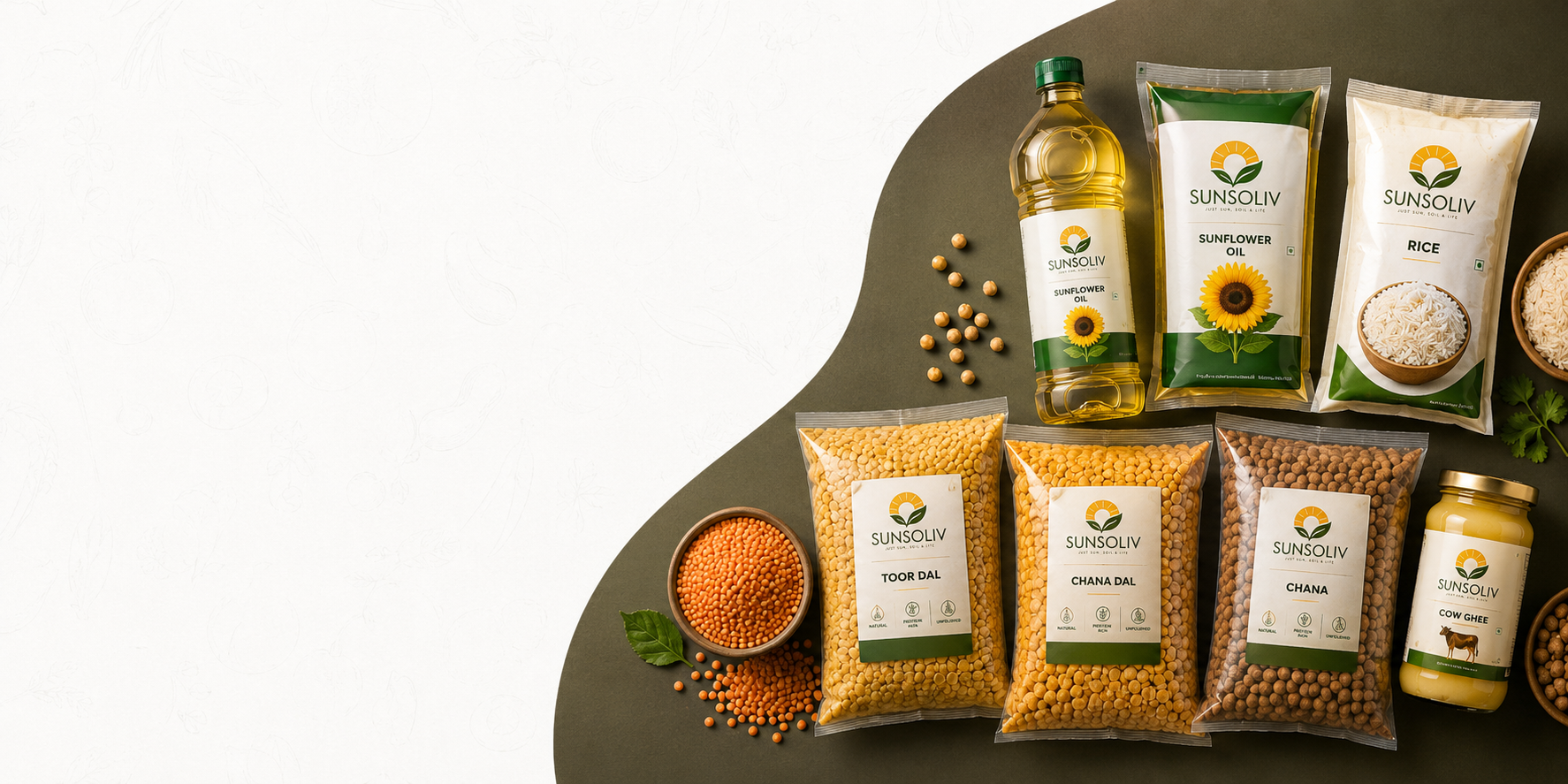 Sunsoliv pantry essentials including oils, rice, pulses and ghee